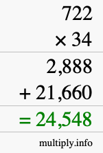 How to calculate 722 times 34 using long multiplication