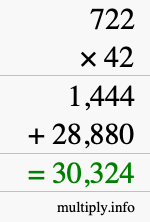 How to calculate 722 times 42 using long multiplication