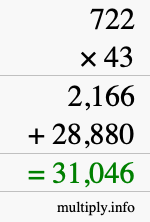 How to calculate 722 times 43 using long multiplication