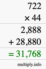 How to calculate 722 times 44 using long multiplication