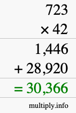 How to calculate 723 times 42 using long multiplication