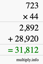 How to calculate 723 times 44 using long multiplication