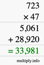 How to calculate 723 times 47 using long multiplication