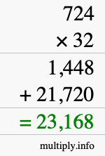 How to calculate 724 times 32 using long multiplication
