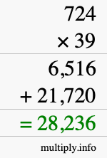 How to calculate 724 times 39 using long multiplication