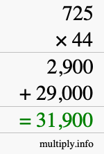 How to calculate 725 times 44 using long multiplication