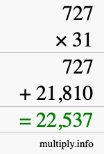 How to calculate 727 times 31 using long multiplication
