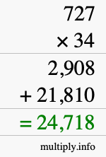 How to calculate 727 times 34 using long multiplication