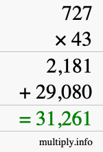 How to calculate 727 times 43 using long multiplication