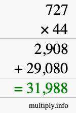 How to calculate 727 times 44 using long multiplication