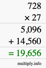 How to calculate 728 times 27 using long multiplication