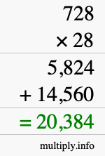 How to calculate 728 times 28 using long multiplication