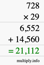 How to calculate 728 times 29 using long multiplication
