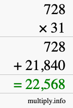 How to calculate 728 times 31 using long multiplication