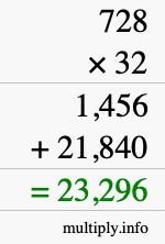 How to calculate 728 times 32 using long multiplication