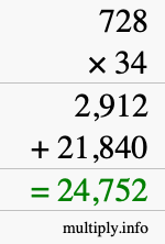 How to calculate 728 times 34 using long multiplication