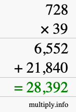 How to calculate 728 times 39 using long multiplication