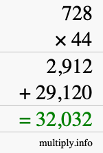 How to calculate 728 times 44 using long multiplication