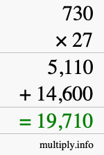 How to calculate 730 times 27 using long multiplication