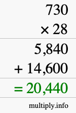 How to calculate 730 times 28 using long multiplication