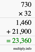 How to calculate 730 times 32 using long multiplication
