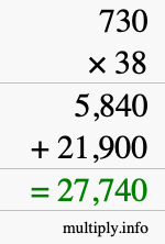 How to calculate 730 times 38 using long multiplication