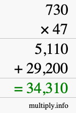How to calculate 730 times 47 using long multiplication