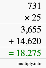 How to calculate 731 times 25 using long multiplication How to calculate 731 times 25 using long multiplication