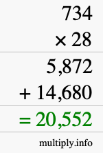 How to calculate 734 times 28 using long multiplication