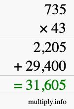 How to calculate 735 times 43 using long multiplication