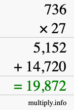 How to calculate 736 times 27 using long multiplication How to calculate 736 times 27 using long multiplication