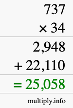How to calculate 737 times 34 using long multiplication