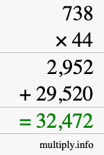 How to calculate 738 times 44 using long multiplication