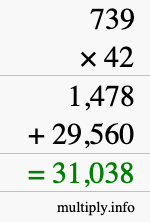 How to calculate 739 times 42 using long multiplication