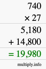 How to calculate 740 times 27 using long multiplication