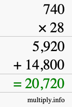 How to calculate 740 times 28 using long multiplication