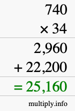 How to calculate 740 times 34 using long multiplication