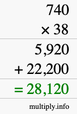 How to calculate 740 times 38 using long multiplication