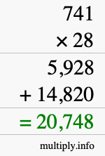 How to calculate 741 times 28 using long multiplication