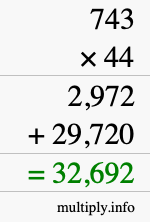How to calculate 743 times 44 using long multiplication