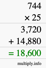 How to calculate 744 times 25 using long multiplication