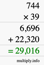 How to calculate 744 times 39 using long multiplication