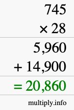 How to calculate 745 times 28 using long multiplication