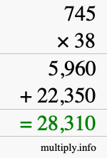 How to calculate 745 times 38 using long multiplication