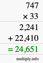 How to calculate 747 times 33 using long multiplication