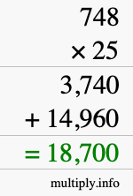 How to calculate 748 times 25 using long multiplication