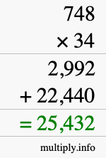 How to calculate 748 times 34 using long multiplication