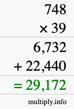 How to calculate 748 times 39 using long multiplication