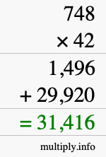 How to calculate 748 times 42 using long multiplication