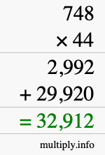 How to calculate 748 times 44 using long multiplication